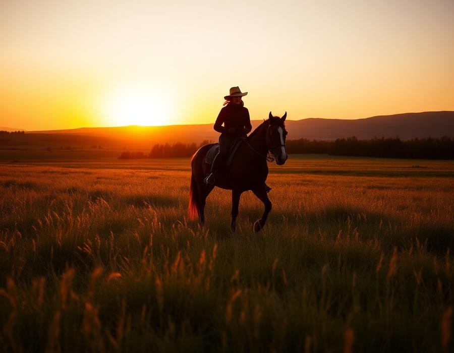 Sunset horse riding in the steppe